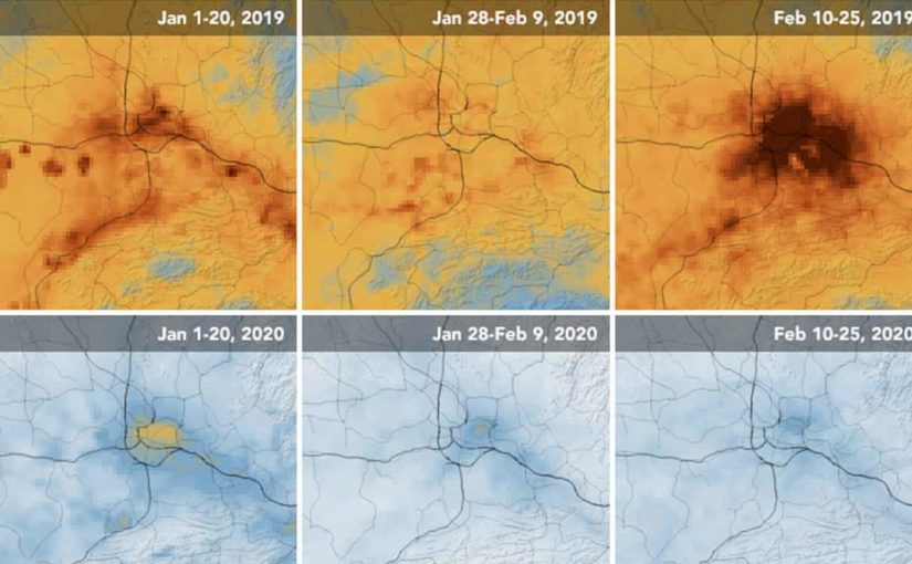 Image shows the comparative Nitrogen dioxide level in Wuhan, china